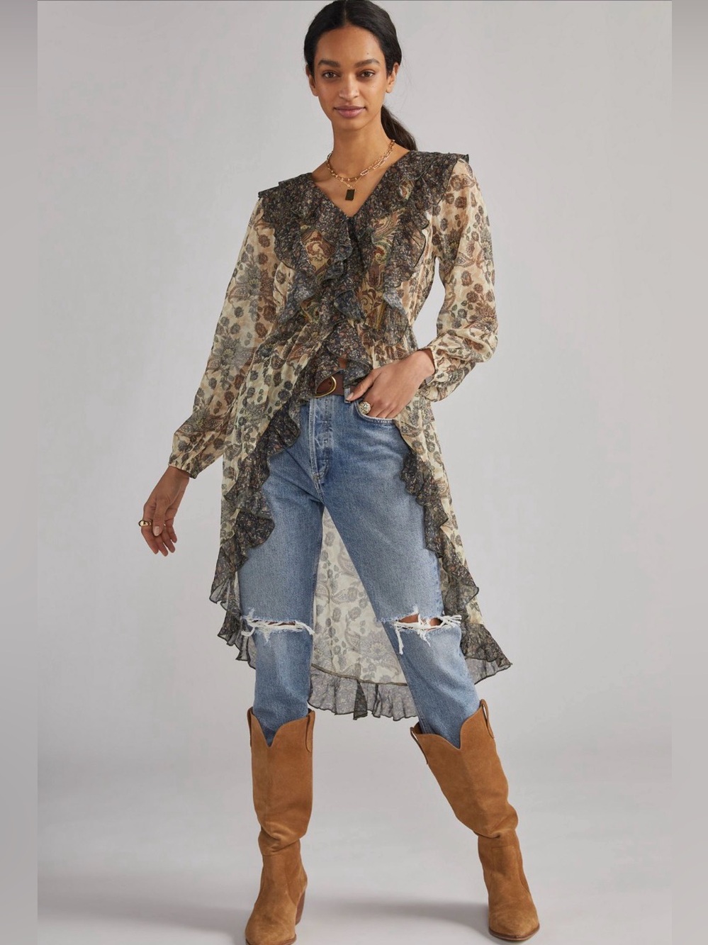 Anthropologie Silk Hi Low Ruffle Blouse Ivory Flowy Top Size S/M